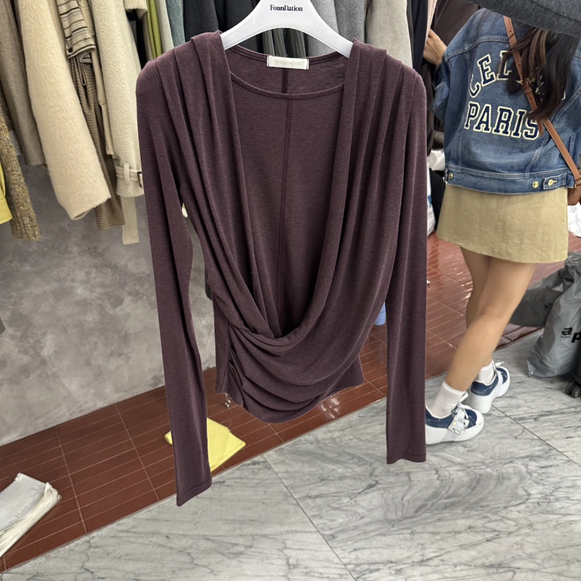 FOUNDATION東大門直郵女士新品人氣休閑時尚真品長袖T恤披肩FOUNDATION長袖T恤圖色2