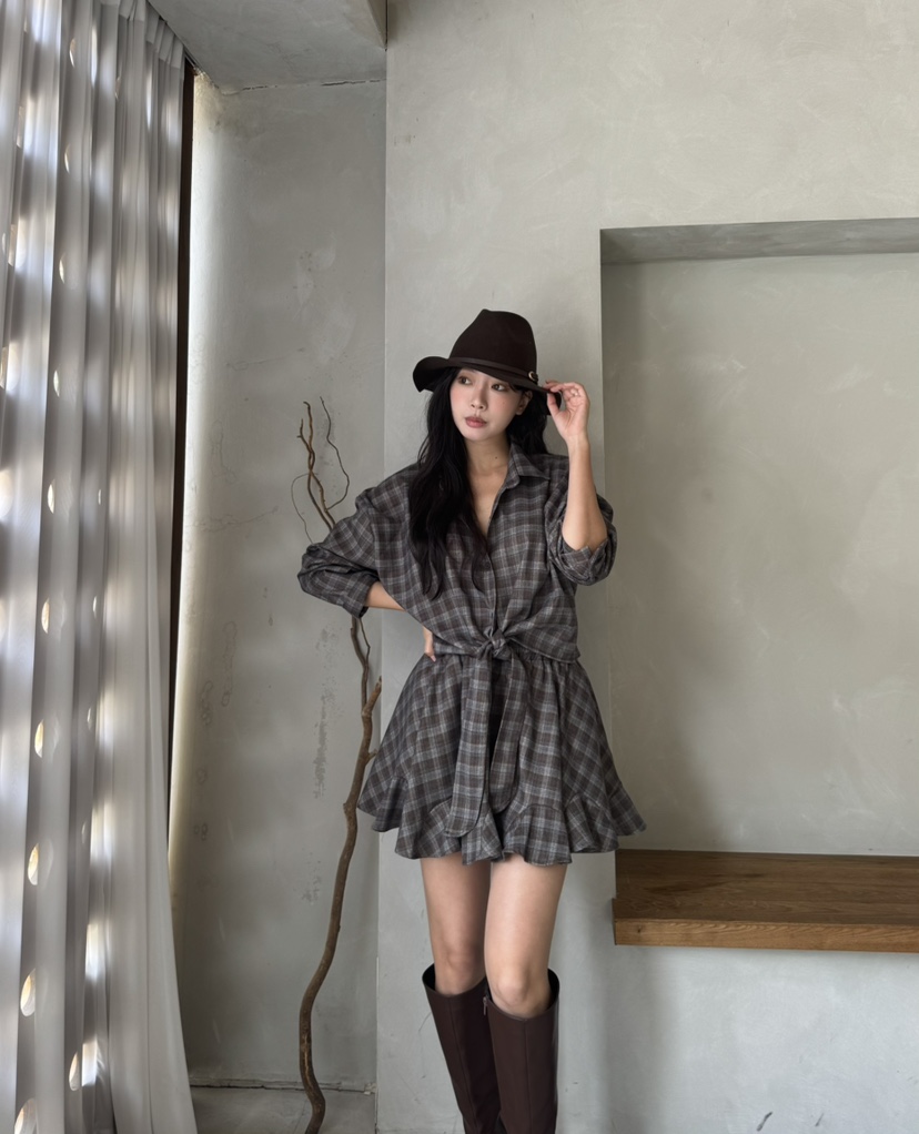 MARIGOLD東大門實拍女士新品時尚推薦人氣真品熱賣短裙格子MARIGOLD短裙