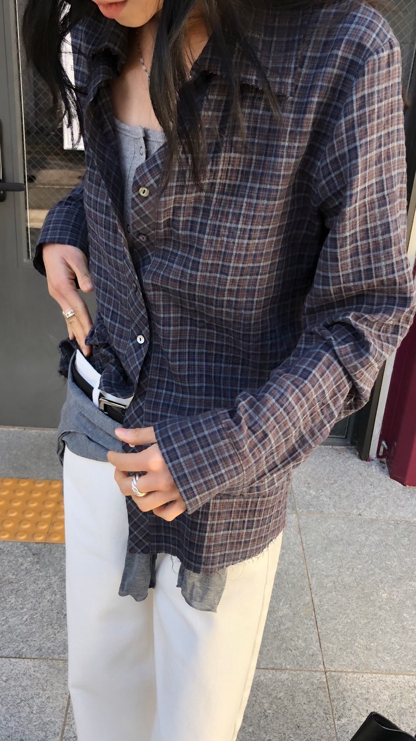 OVER RICH東大門代購女士新款人氣推薦休閑襯衫蕾絲衫格紋OVER RICH襯衫/蕾絲衫