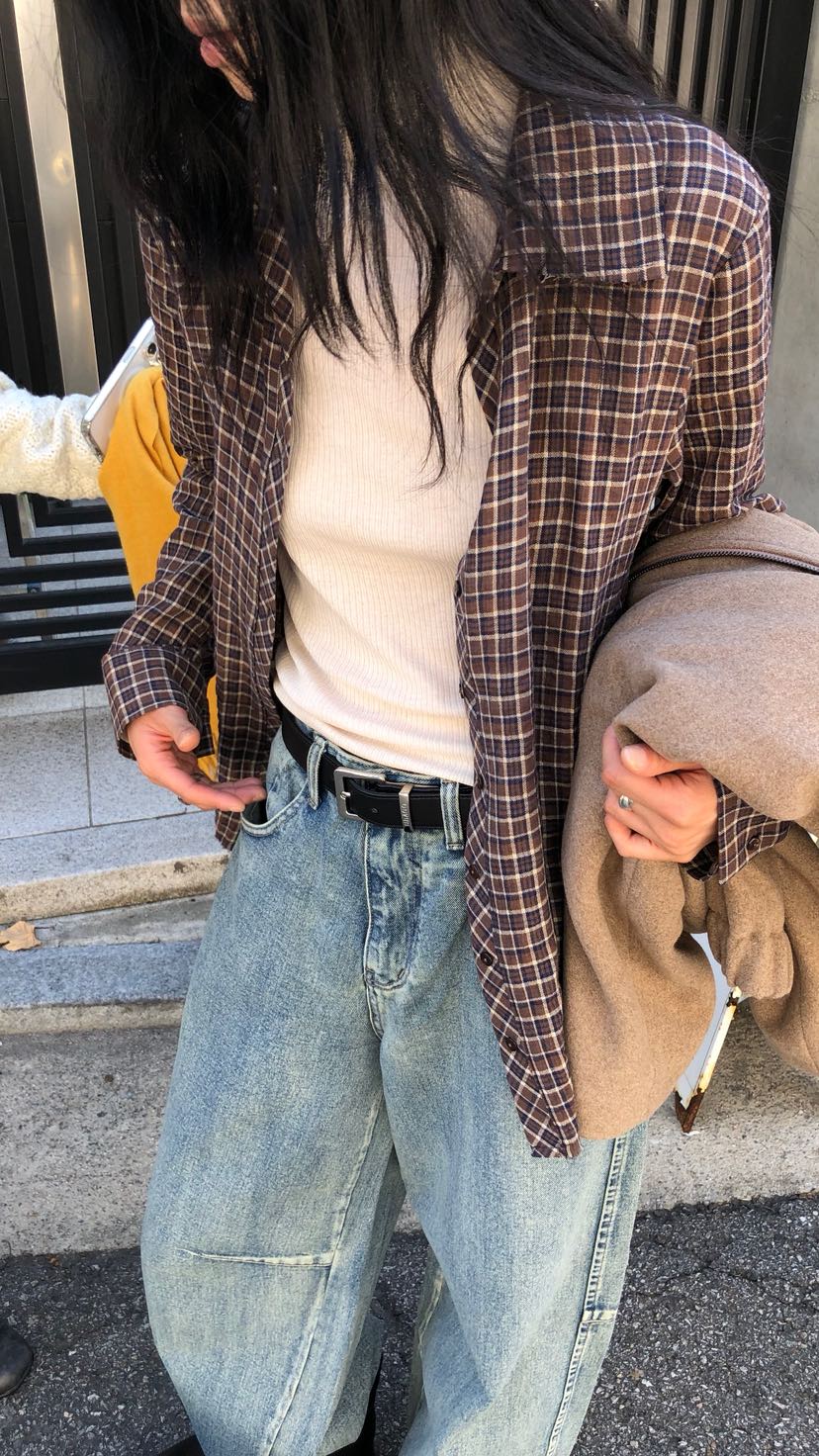 OVER RICH東大門代購女士新款人氣推薦休閑襯衫蕾絲衫格紋OVER RICH襯衫/蕾絲衫