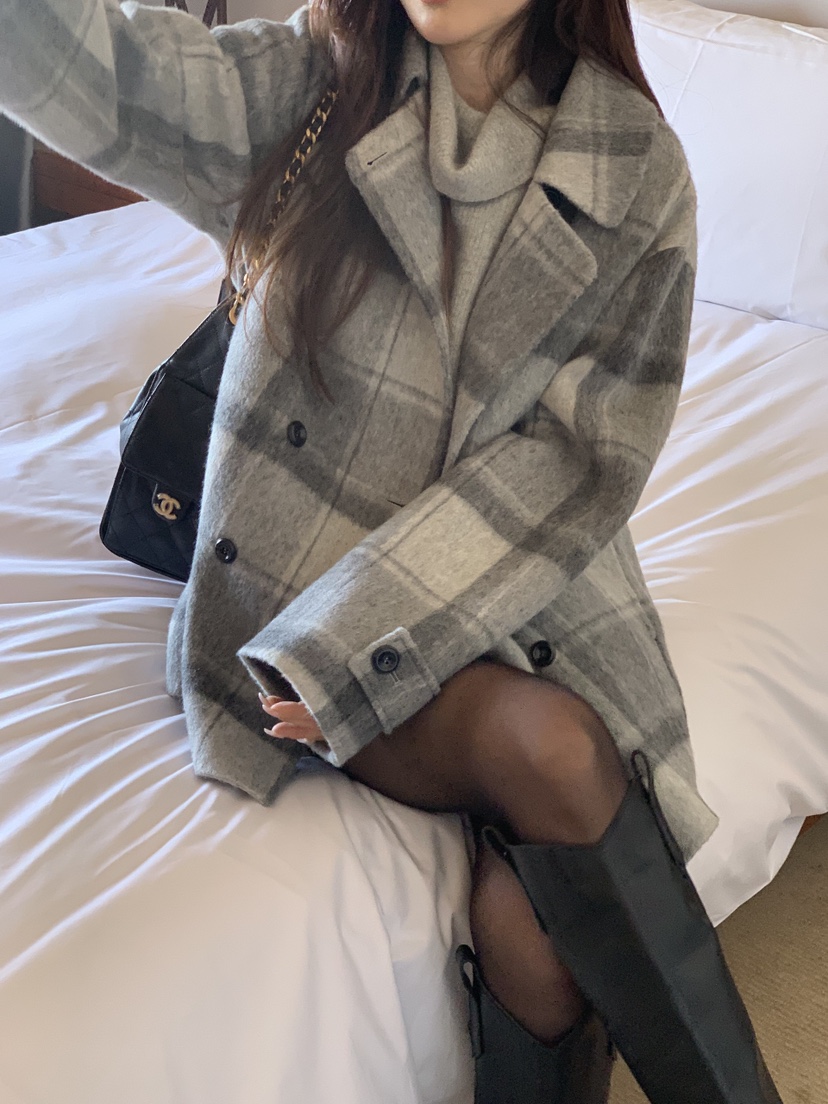 LA CREME韓國直郵女士新款推薦休閑短款大衣美利奴羊毛羊駝LA CREME短款大衣