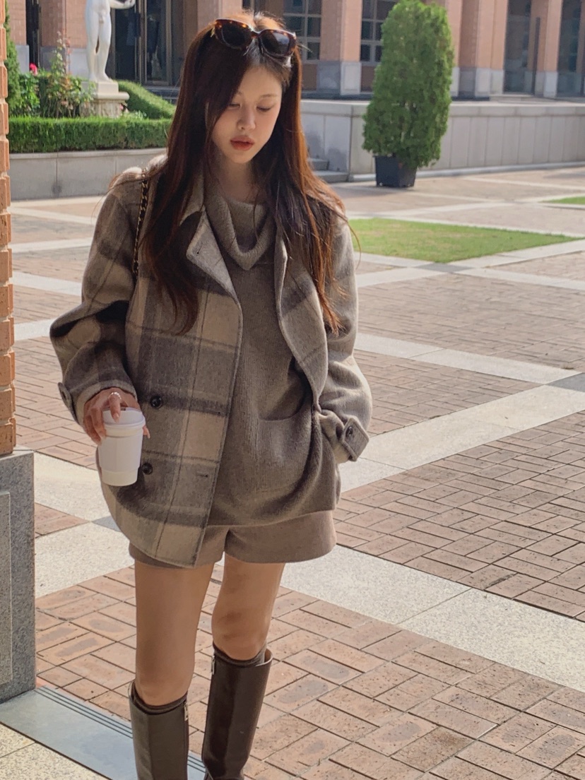 LA CREME韓國直郵女士新款推薦休閑短款大衣美利奴羊毛羊駝LA CREME短款大衣