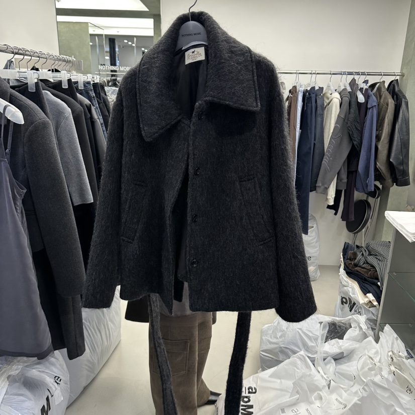 NOTHING MORE韓國直郵女士新品休閑短款大衣安哥拉含腰帶NOTHING MORE短款大衣圖色2黑色