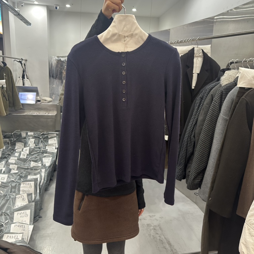 PAVEL韓國代購女士新品推薦時尚真品休閑長袖T恤安哥拉紐扣PAVEL長袖T恤圖色4深藍色