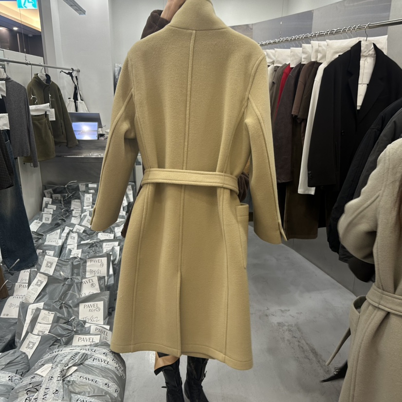 PAVEL韓國直郵女裝新品推薦時尚熱賣休閑中長款大衣含腰帶PAVEL中長款大衣