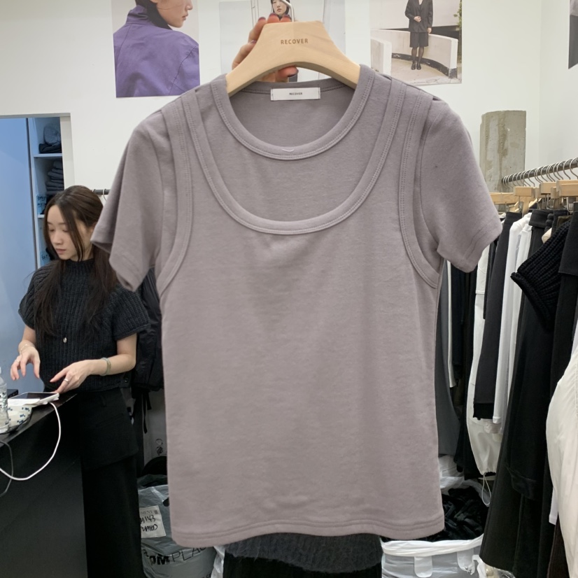 RECOVER韓國代購女裝新品推薦熱賣休閑人氣時尚T恤假兩件RECOVER/MOMENTT恤圖色1