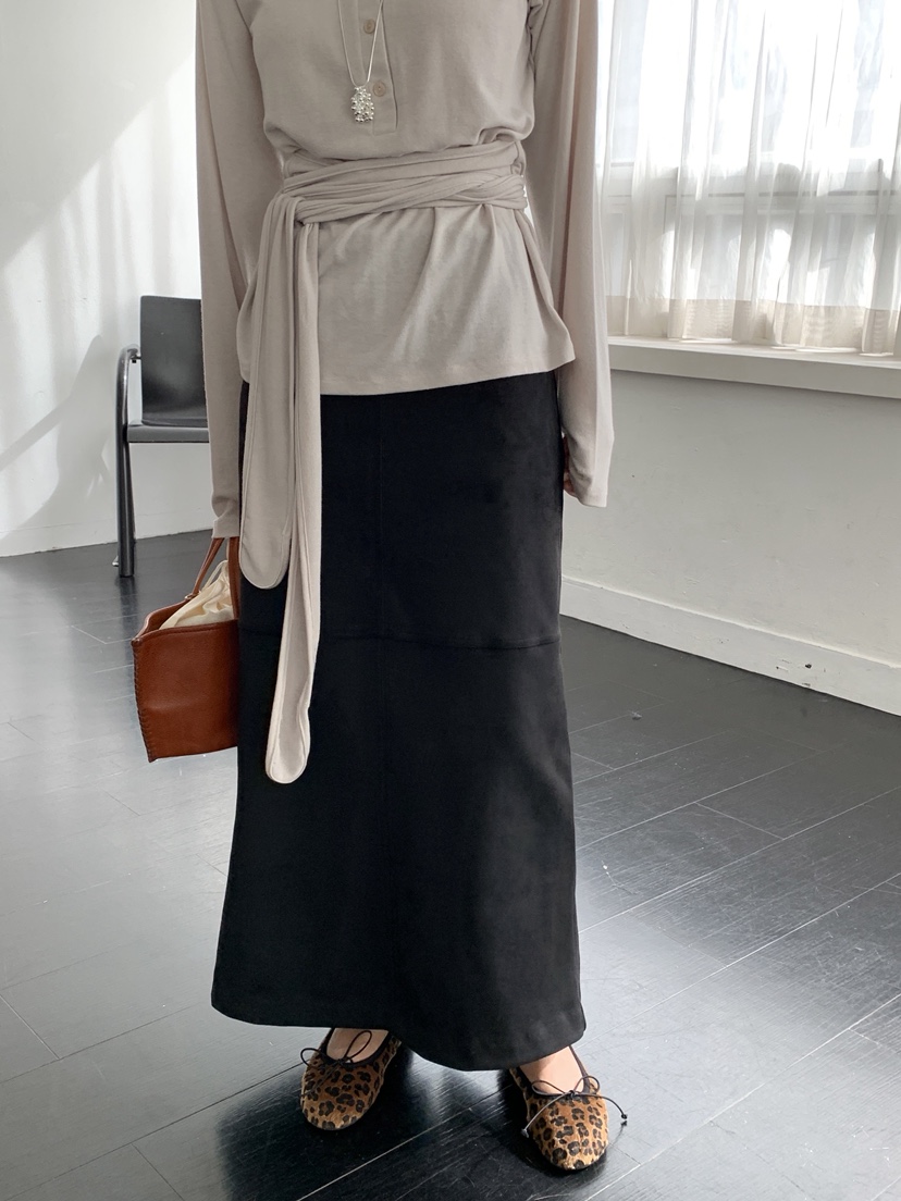KYEM東大門代購女士新款時尚休閑熱賣長裙不含腰帶絨面革KYEM長裙圖色3