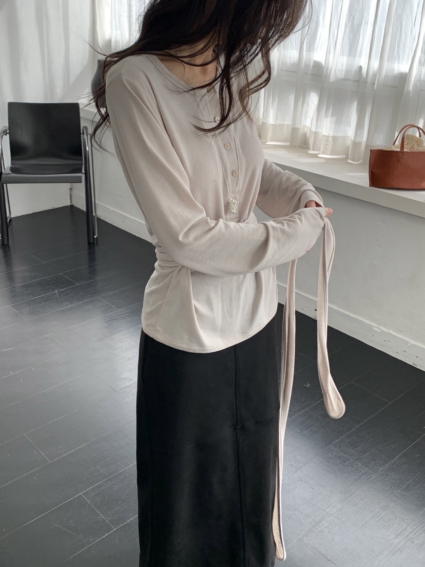 KYEM東大門實拍女士新款熱賣時尚休閑推薦人氣長袖T恤腰帶KYEM長袖T恤