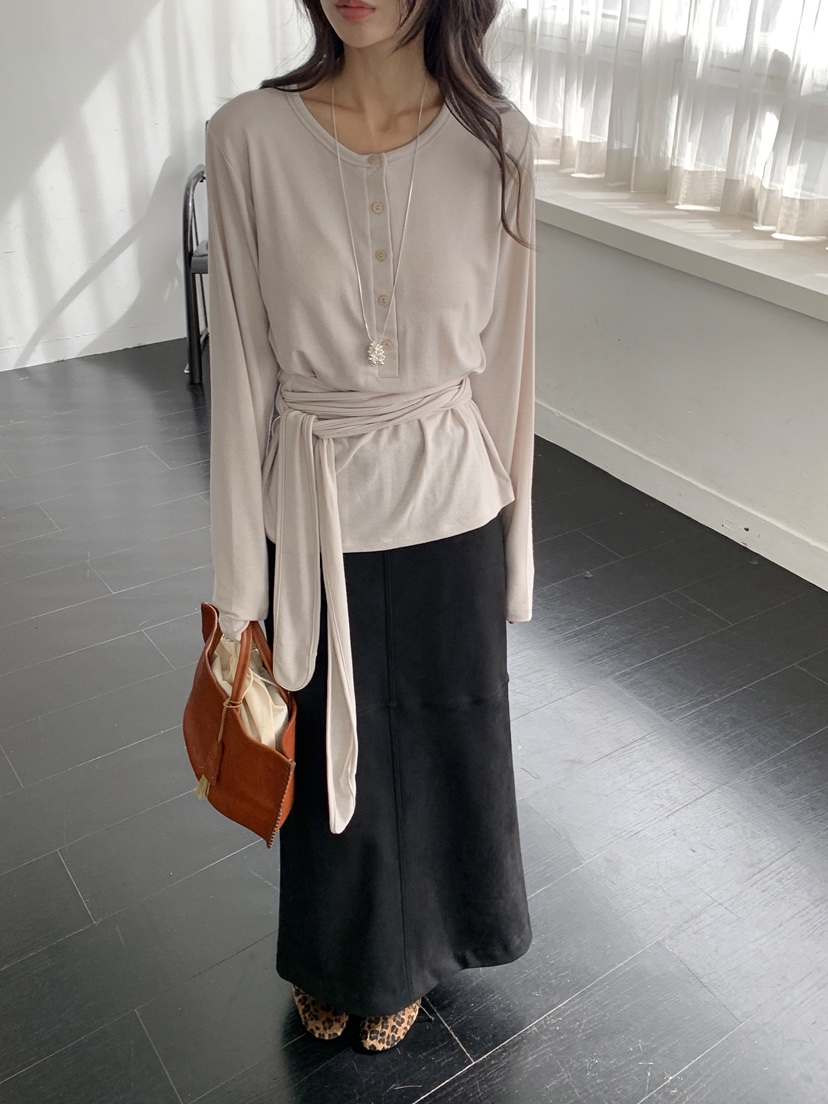 KYEM東大門實拍女士新款熱賣時尚休閑推薦人氣長袖T恤腰帶KYEM長袖T恤