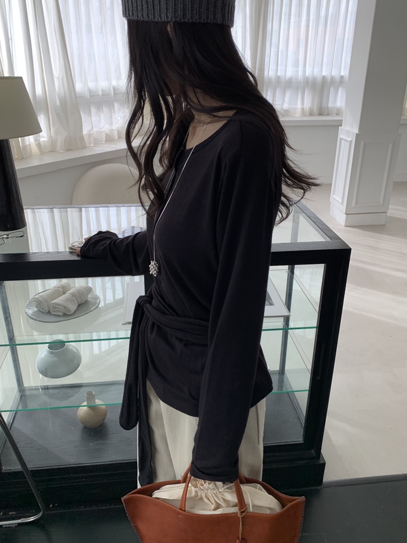 KYEM東大門實拍女士新款熱賣時尚休閑推薦人氣長袖T恤腰帶KYEM長袖T恤