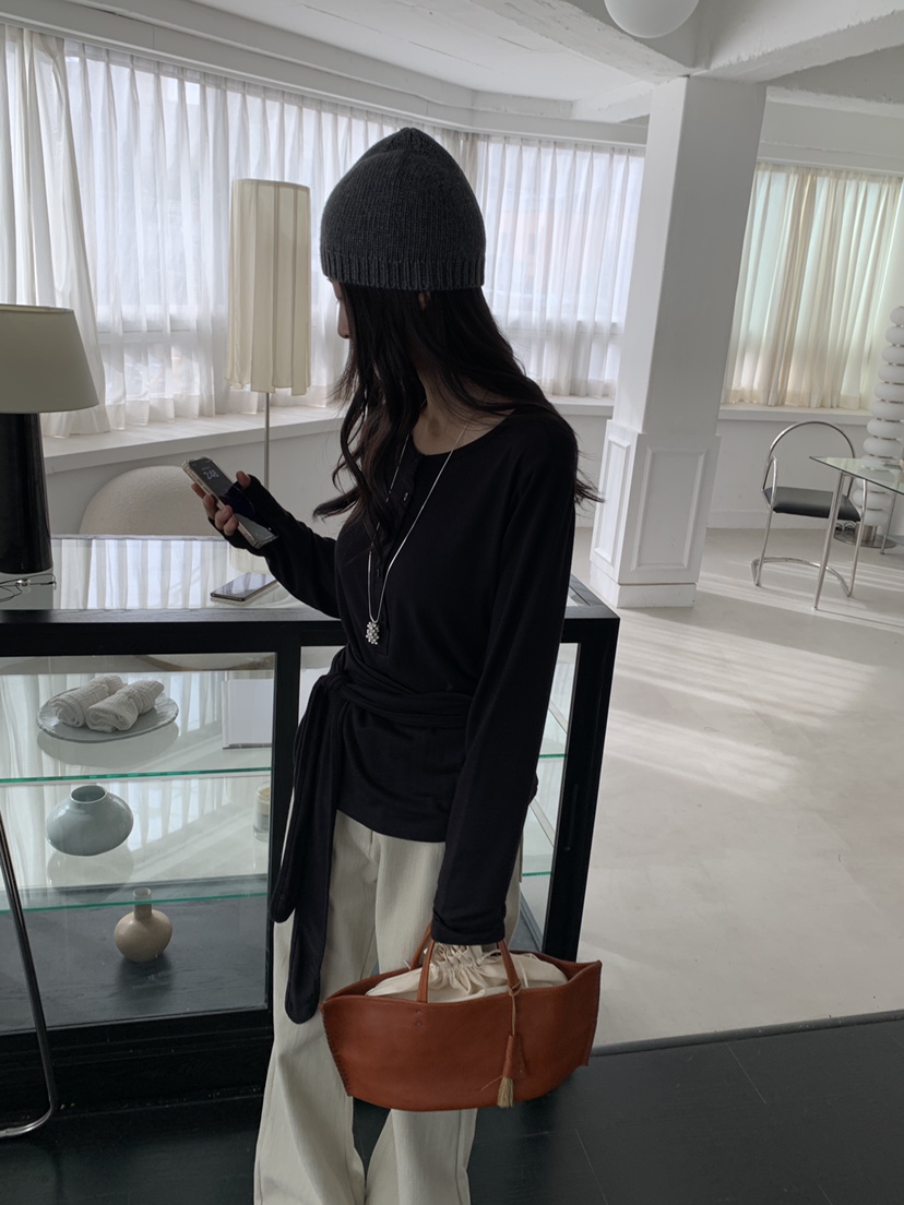 KYEM東大門實拍女士新款熱賣時尚休閑推薦人氣長袖T恤腰帶KYEM長袖T恤