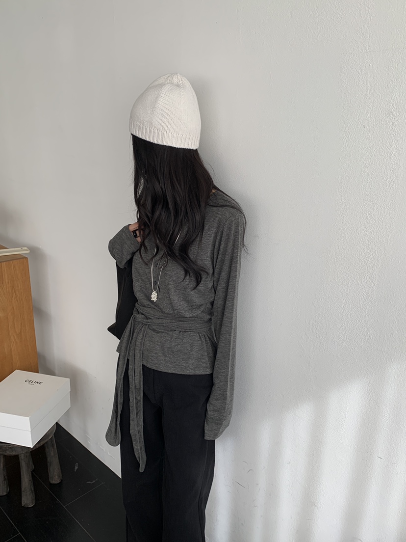 KYEM東大門實拍女士新款熱賣時尚休閑推薦人氣長袖T恤腰帶KYEM長袖T恤