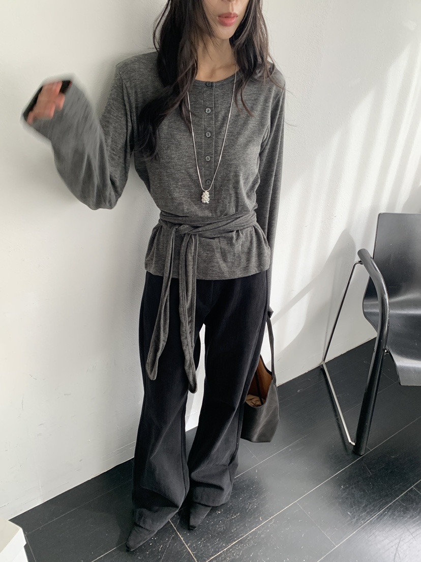 KYEM東大門實拍女士新款熱賣時尚休閑推薦人氣長袖T恤腰帶KYEM長袖T恤
