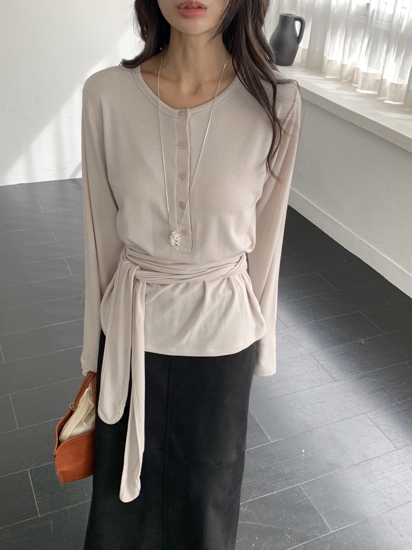 KYEM東大門實拍女士新款熱賣時尚休閑推薦人氣長袖T恤腰帶KYEM長袖T恤圖色2