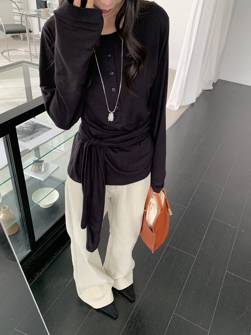KYEM東大門實拍女士新款熱賣時尚休閑推薦人氣長袖T恤腰帶KYEM長袖T恤圖色3