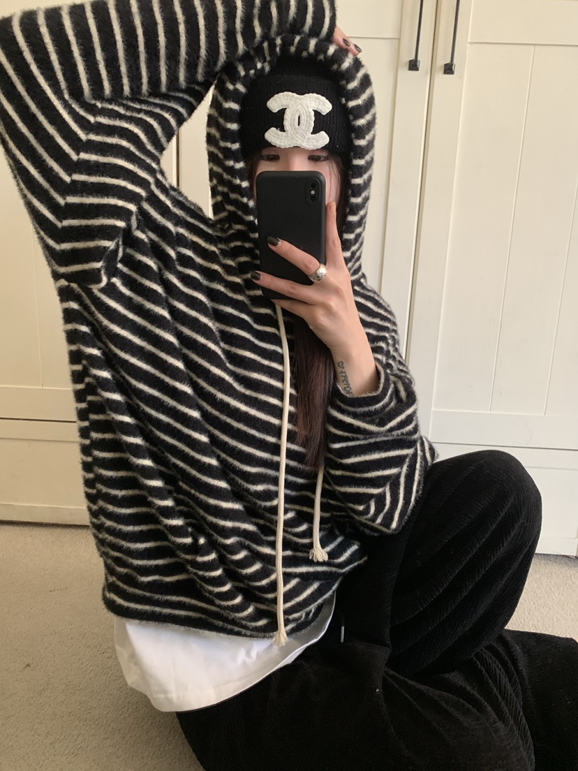 OKIE韓國直郵女裝新款真品熱賣推薦時尚衛衣連帽衫毛絨條紋OKIE衛衣