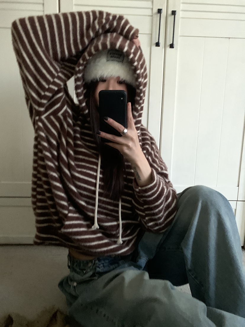 OKIE韓國直郵女裝新款真品熱賣推薦時尚衛衣連帽衫毛絨條紋OKIE衛衣