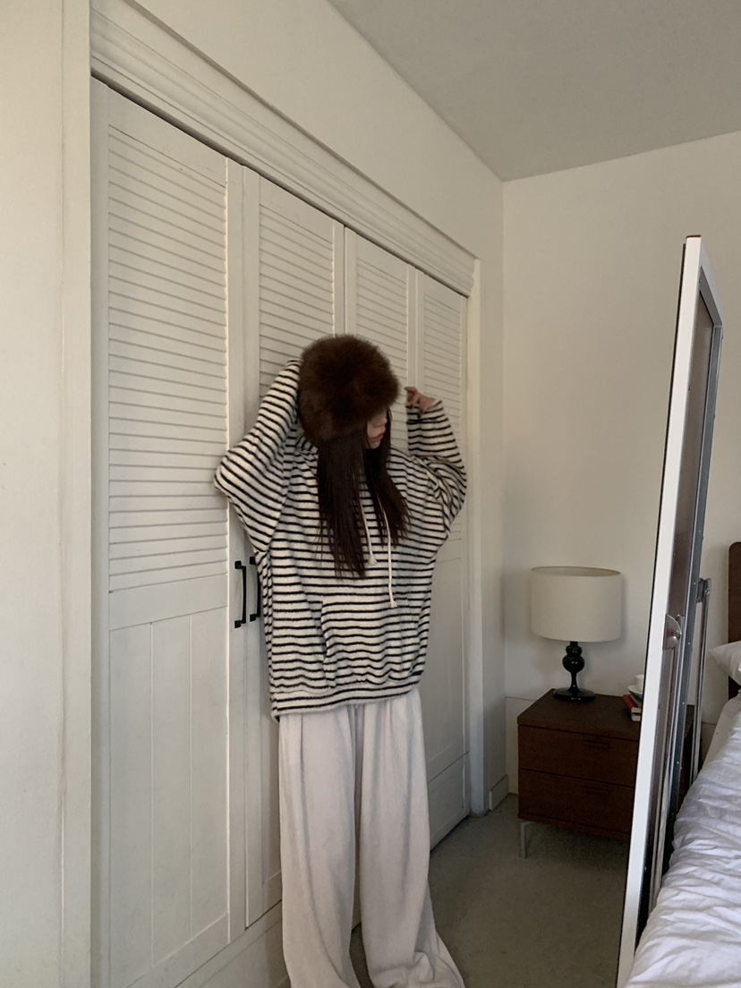 OKIE韓國直郵女裝新款真品熱賣推薦時尚衛衣連帽衫毛絨條紋OKIE衛衣