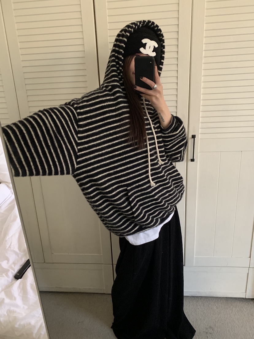 OKIE韓國直郵女裝新款真品熱賣推薦時尚衛衣連帽衫毛絨條紋OKIE衛衣