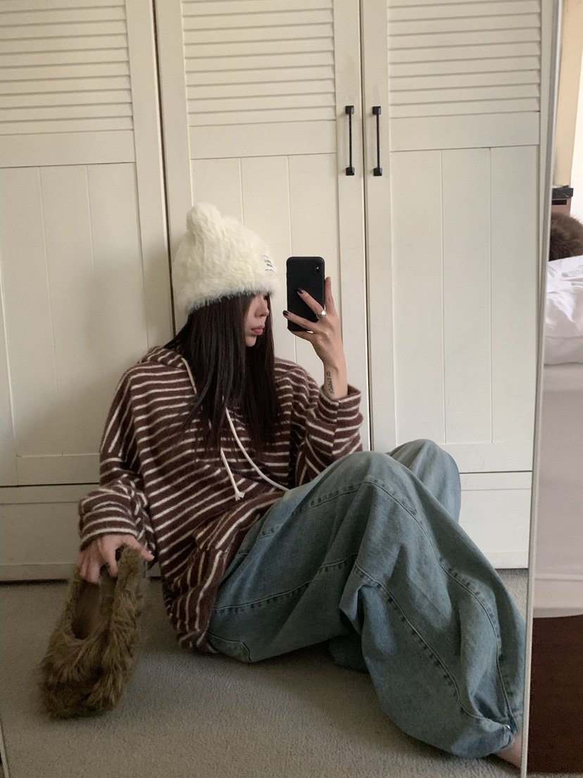 OKIE韓國直郵女裝新款真品熱賣推薦時尚衛衣連帽衫毛絨條紋OKIE衛衣