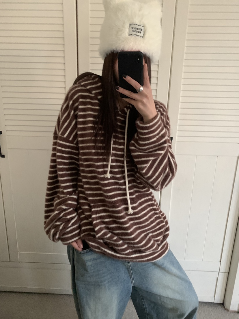 OKIE韓國直郵女裝新款真品熱賣推薦時尚衛衣連帽衫毛絨條紋OKIE衛衣