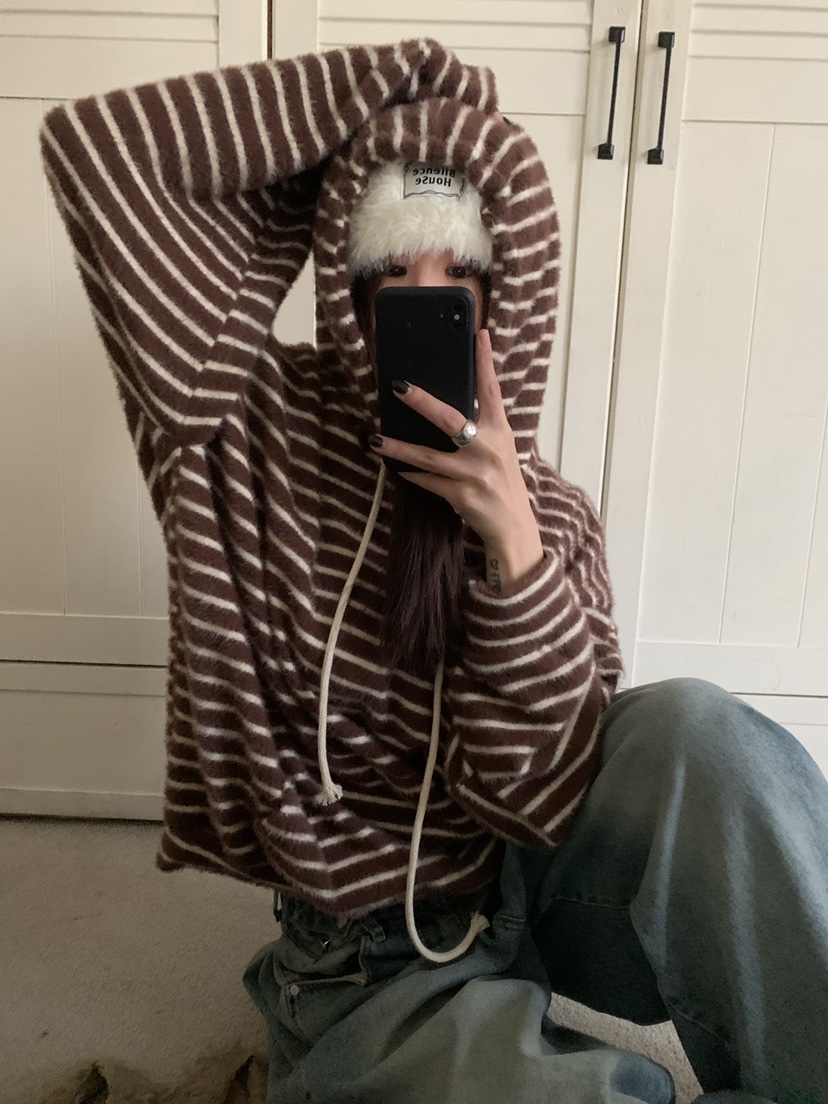OKIE韓國直郵女裝新款真品熱賣推薦時尚衛衣連帽衫毛絨條紋OKIE衛衣