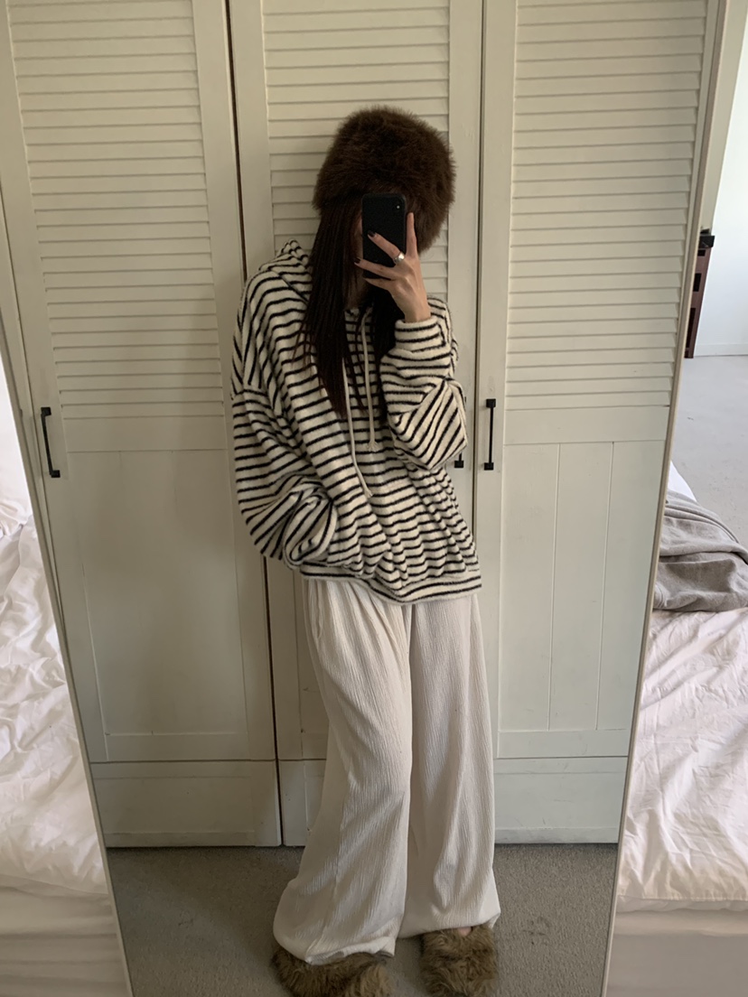 OKIE韓國直郵女裝新款真品熱賣推薦時尚衛衣連帽衫毛絨條紋OKIE衛衣