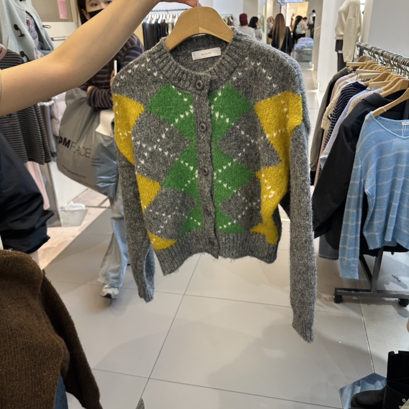 ALEGRE韓國代購女士新品職業人氣時尚真品毛衣格紋短款開衫ALEGRE毛衣圖色1