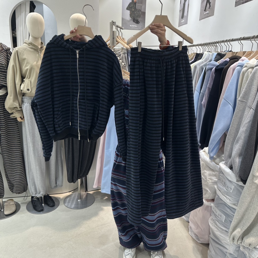 W.FATAL韓國直郵女士新款熱賣時尚人氣真品套裝連帽衫條紋W.FATAL套裝圖色2