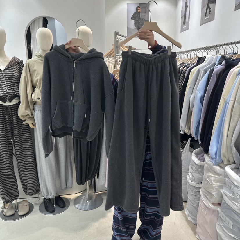 W.FATAL東大門實拍女裝新品休閑套裝雙面抓絨連帽衫加絨W.FATAL套裝圖色3차콜墨色