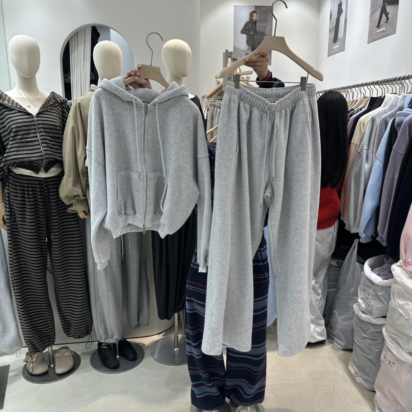 W.FATAL東大門實拍女裝新品休閑套裝雙面抓絨連帽衫加絨W.FATAL套裝圖色11백멜淺灰色
