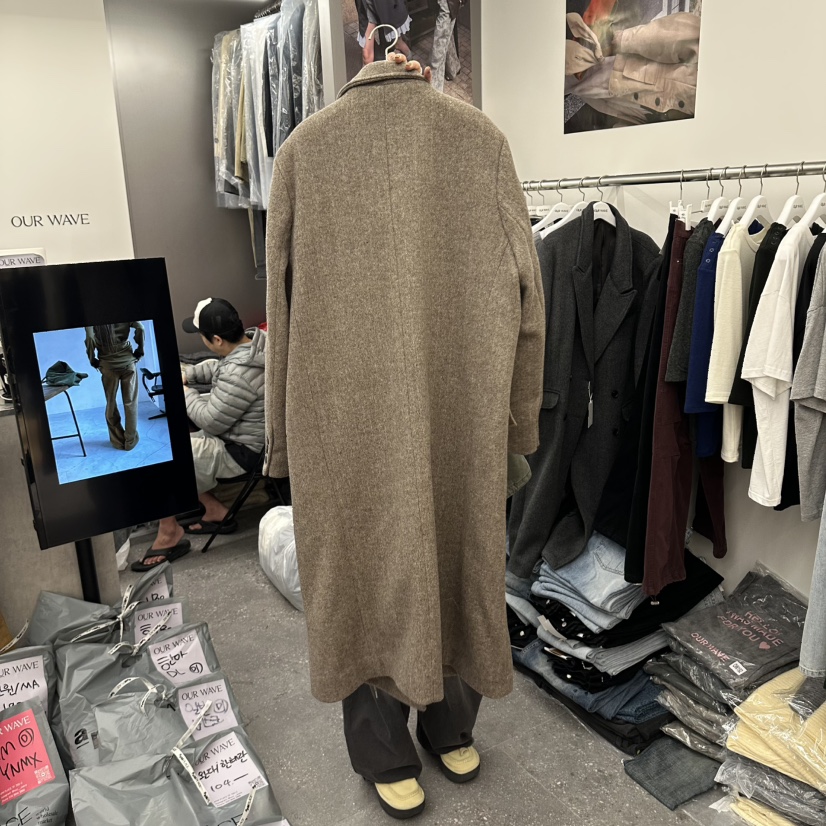 OURWAVE/OUR ROOM東大門直郵女裝新品推薦中長款大衣人字紋雙層OURWAVE/OUR ROOM中長款大衣