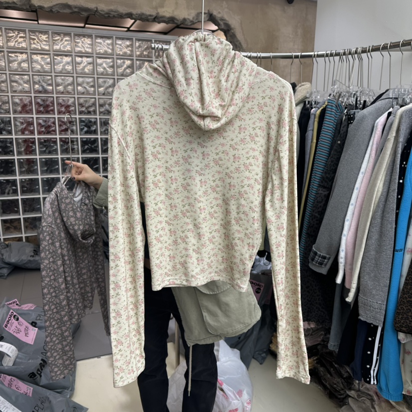 SEOLO東大門實拍女裝新品時尚休閑衛衣拉鏈連帽衫花朵褶皺Seolo seoul衛衣