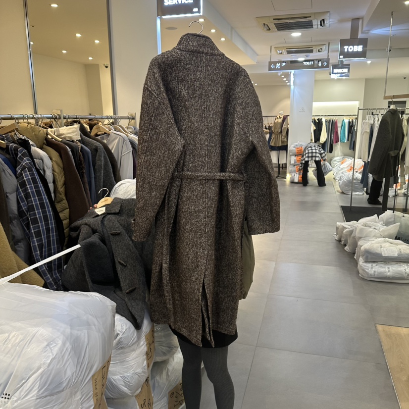 SELF SERVICE/MASOF韓國代購女裝新品休閑中長款大衣人字紋含腰帶SELF SERVICE/MASOF中長款大衣