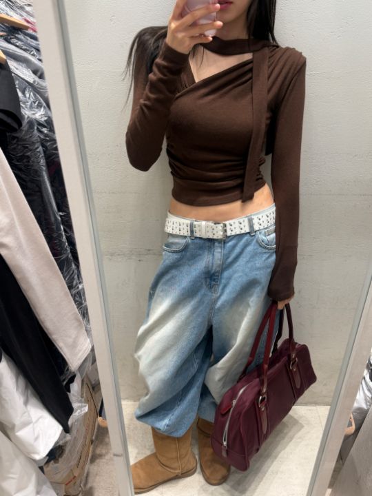 mars東大門代購女裝新品時尚熱賣休閑長袖T恤不含脖帶褶皺mars長袖T恤