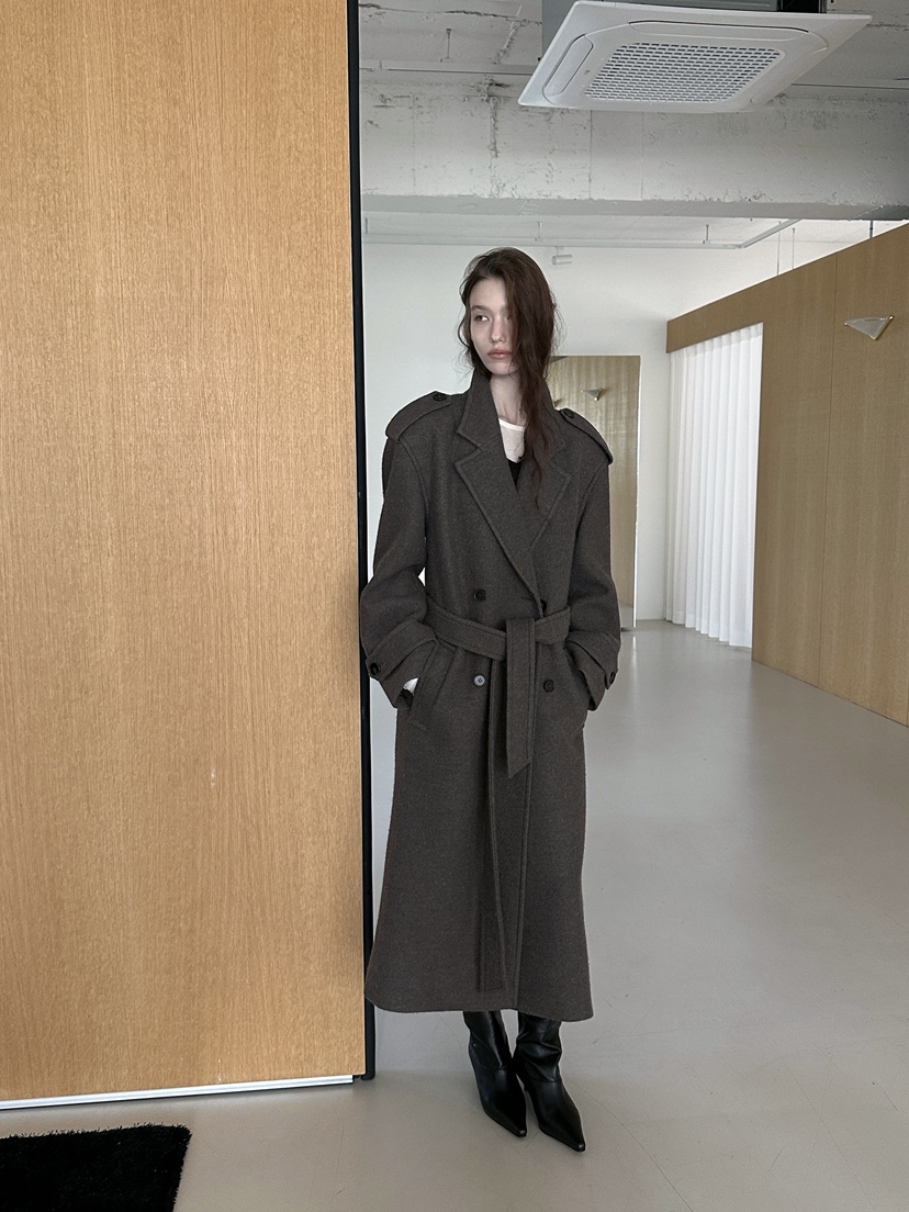 BOWIE韓國代購女士新品熱賣休閑時尚中長款大衣含腰帶雙層BOWIE中長款大衣
