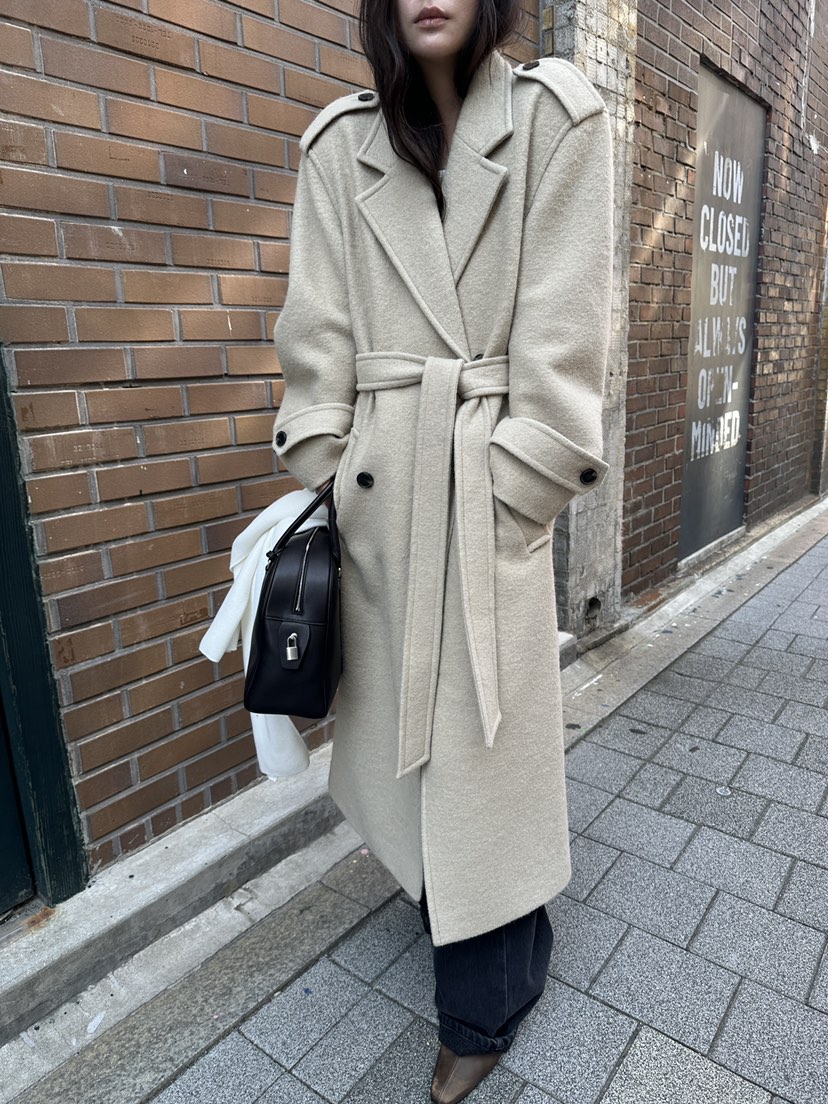 BOWIE韓國代購女士新品熱賣休閑時尚中長款大衣含腰帶雙層BOWIE中長款大衣