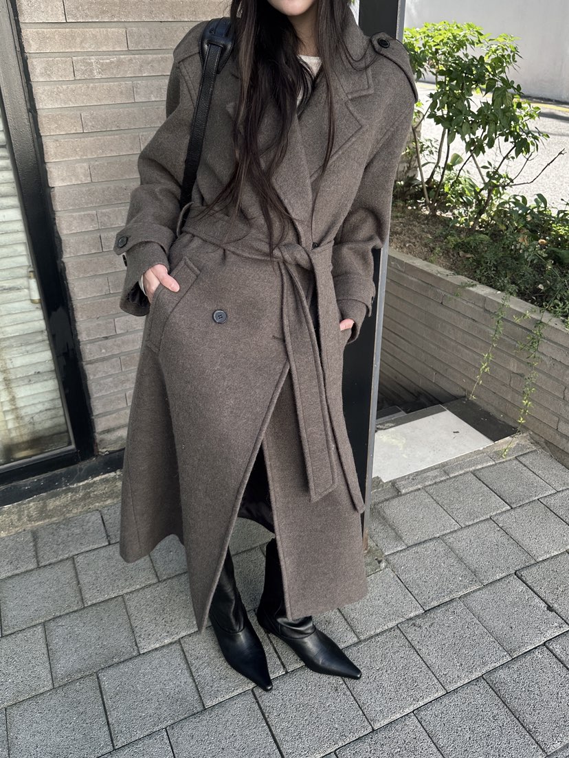BOWIE韓國代購女士新品熱賣休閑時尚中長款大衣含腰帶雙層BOWIE中長款大衣