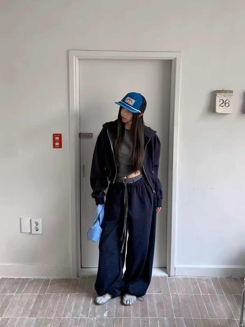 MONROE東大門實拍女裝新款時尚休閑休閑褲不加絨格子運動MONROE休閑褲圖色3深藍色