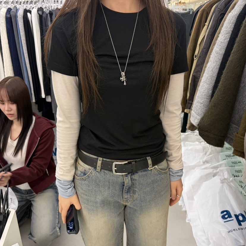 PADO韓國代購女裝新品休閑熱賣真品人氣推薦長袖T恤假兩件PADO長袖T恤圖色1黑