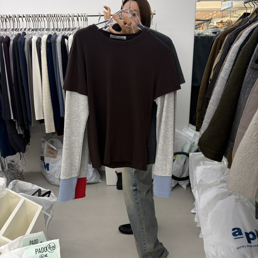 PADO韓國代購女裝新品休閑熱賣真品人氣推薦長袖T恤假兩件PADO長袖T恤圖色3棕色
