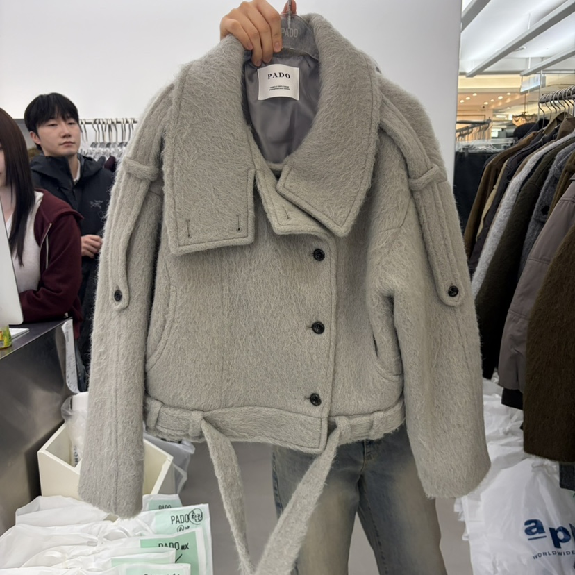 PADO東大門代購女裝新品時尚推薦真品短款大衣含腰帶羊駝PADO短款大衣圖色2