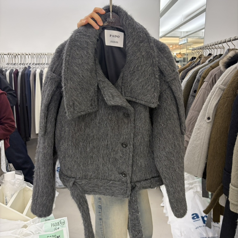 PADO東大門代購女裝新品時尚推薦真品短款大衣含腰帶羊駝PADO短款大衣圖色3
