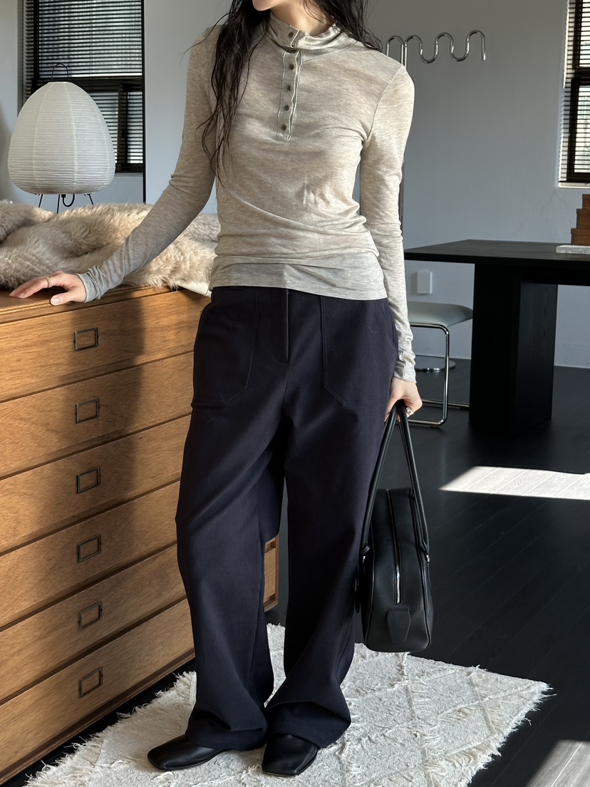 LE VASE東大門代購女士新品休閑真品長袖T恤美利奴羊毛紐扣LE VASE長袖T恤