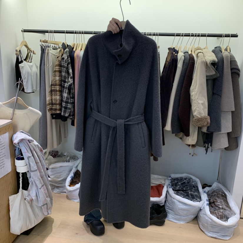 W AND J韓國代購女裝新品休閑人氣熱賣中長款大衣含腰帶WANDJ中長款大衣圖色1