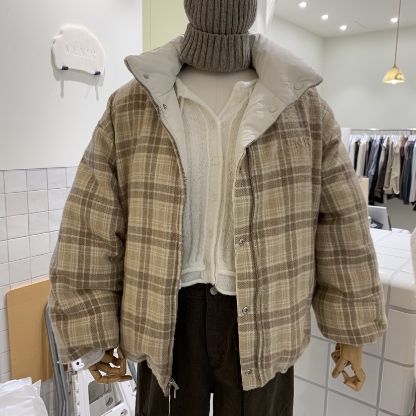 VENIR-A韓國直郵女士新款人氣短款羽絨服羽絨服兩面穿雙面VENIR-A短款羽絨服圖色1白/黃格子