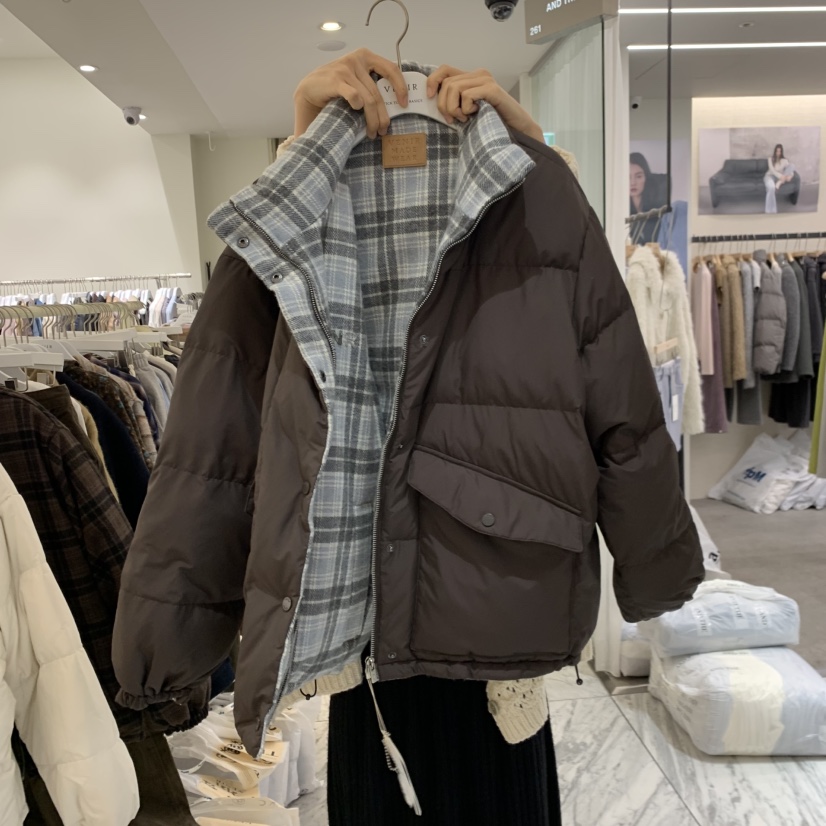 VENIR-A韓國直郵女士新款人氣短款羽絨服羽絨服兩面穿雙面VENIR-A短款羽絨服圖色2棕/藍格子