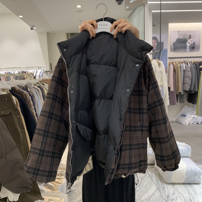 VENIR-A韓國直郵女士新款人氣短款羽絨服羽絨服兩面穿雙面VENIR-A短款羽絨服圖色3黑/棕格子