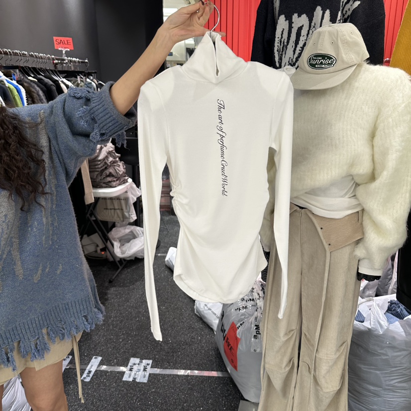 RARE CLOSET韓國代購女士新款推薦休閑長袖T恤字母高領褶皺RARE CLOSET長袖T恤圖色1