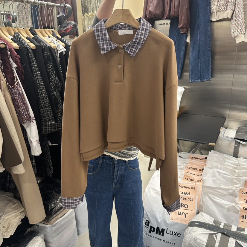 CORNER東大門代購女裝新品推薦時尚休閑真品人氣長袖T恤格子CORNER.302長袖T恤圖色2
